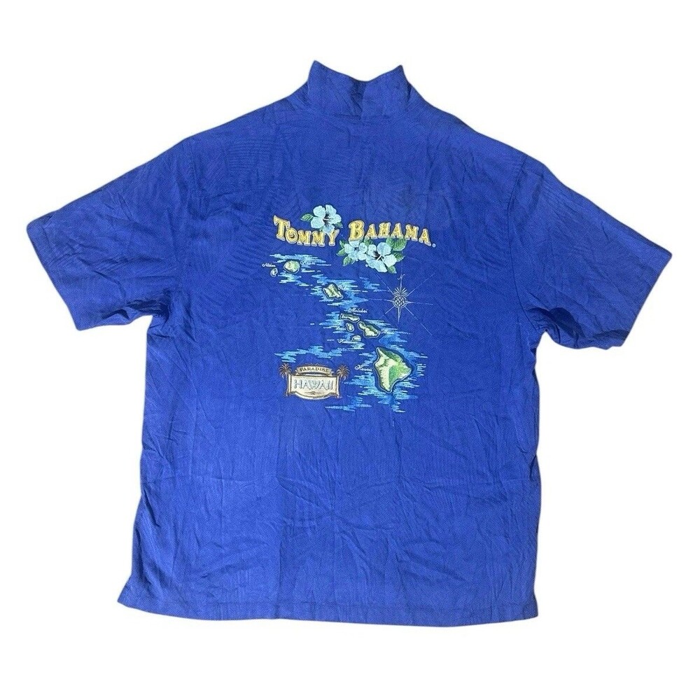 Tommy Bahama Paradise Hawaii Map Embroidered Silk Shirt Sz XL Island Blue Floral